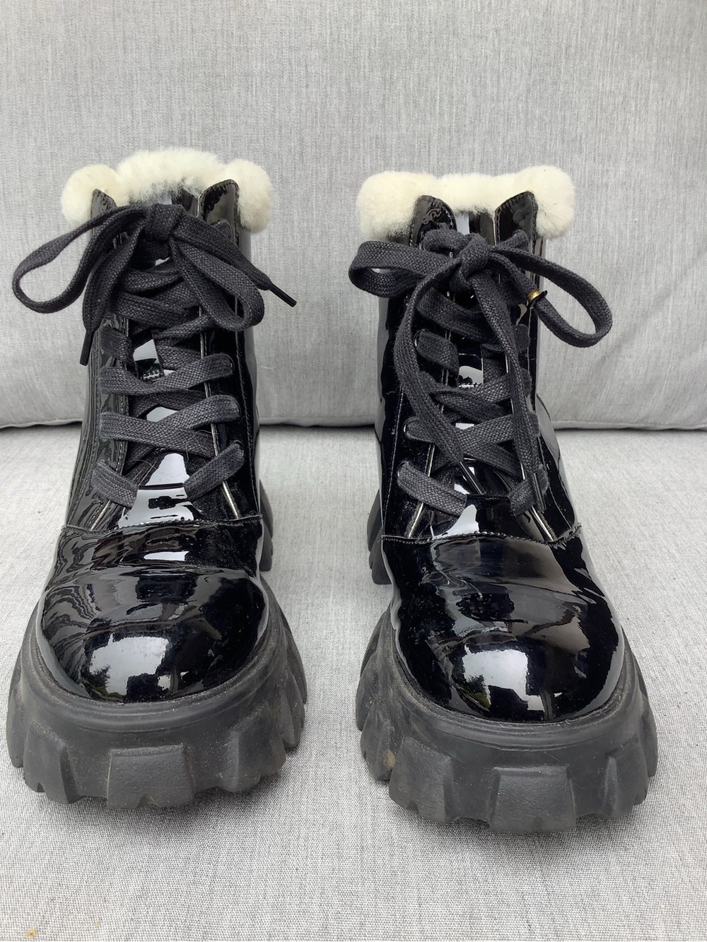 Patent Black Shearling-Trim Lace-Up Platform Booties